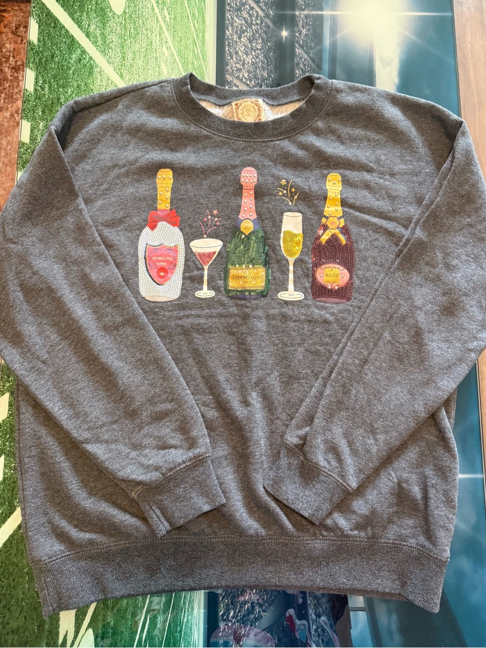 Ruby Rd Women’s L Champagne Sequin Graphic Sweatshirt Gray